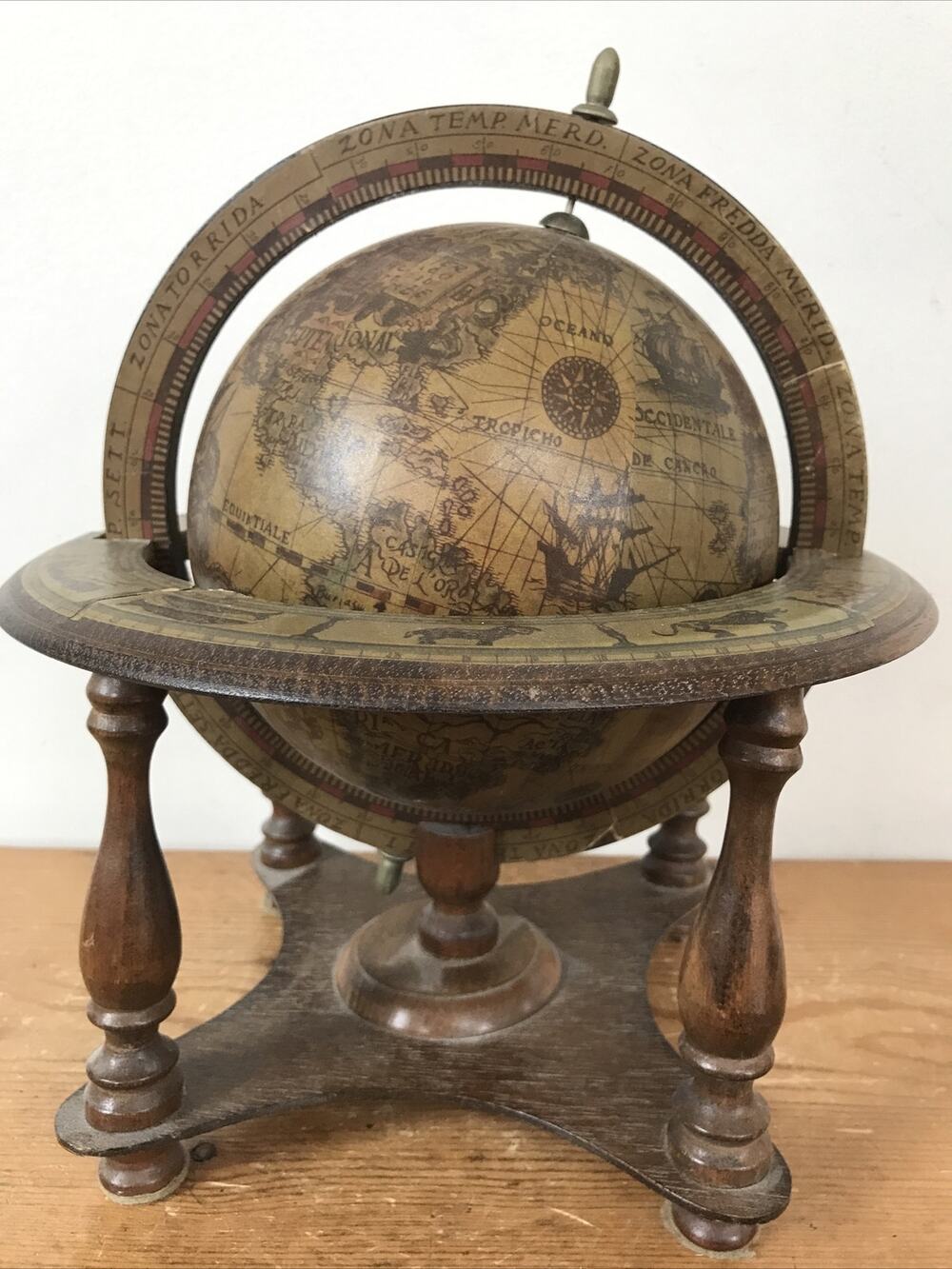 Vintage Antique Style Wooden Spinning Desktop Paper Mache World Desktop Globe